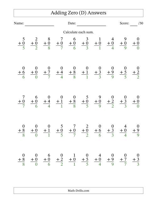 The Adding Zero With The Other Addend From 0 to 9 – 50 Questions (D) Math Worksheet Page 2