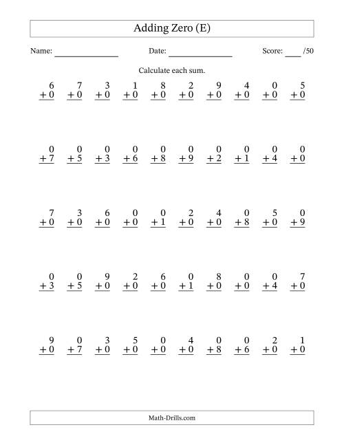 The Adding Zero With The Other Addend From 0 to 9 – 50 Questions (E) Math Worksheet