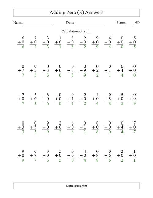 The Adding Zero With The Other Addend From 0 to 9 – 50 Questions (E) Math Worksheet Page 2