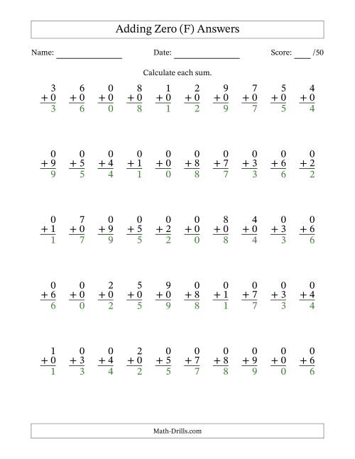 The Adding Zero With The Other Addend From 0 to 9 – 50 Questions (F) Math Worksheet Page 2