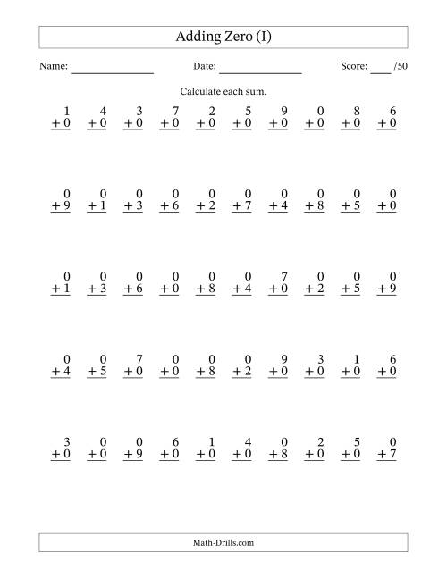 The Adding Zero With The Other Addend From 0 to 9 – 50 Questions (I) Math Worksheet