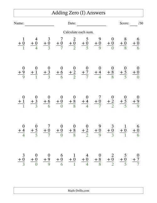 The Adding Zero With The Other Addend From 0 to 9 – 50 Questions (I) Math Worksheet Page 2