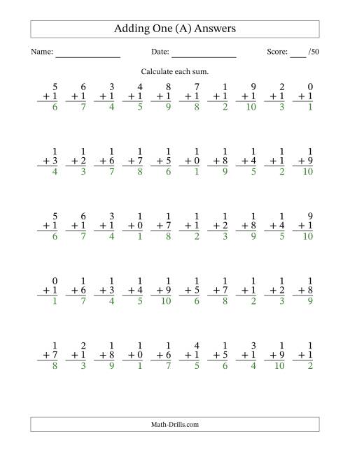 The Single Digit Addition -- 50 Vertical Questions -- Adding Ones (A) Math Worksheet Page 2