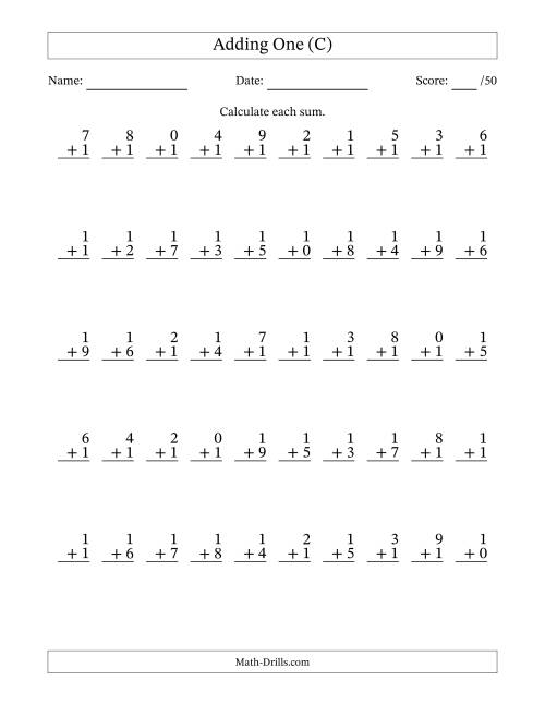 The Adding One With The Other Addend From 0 to 9 – 50 Questions (C) Math Worksheet