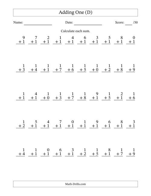 The Adding One With The Other Addend From 0 to 9 – 50 Questions (D) Math Worksheet