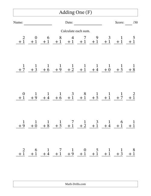 The Adding One With The Other Addend From 0 to 9 – 50 Questions (F) Math Worksheet