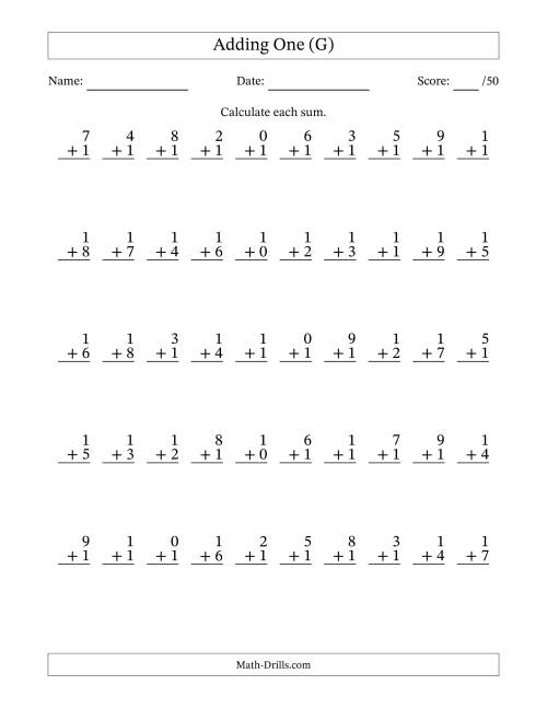 The Adding One With The Other Addend From 0 to 9 – 50 Questions (G) Math Worksheet