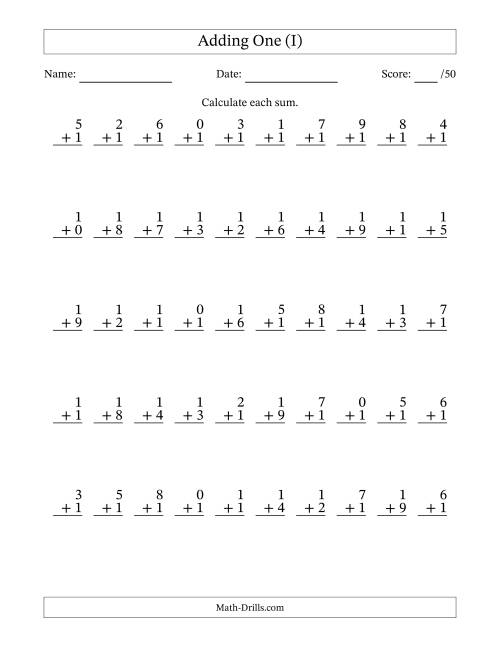 The Adding One With The Other Addend From 0 to 9 – 50 Questions (I) Math Worksheet