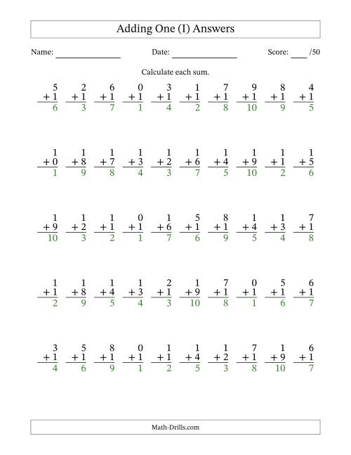 The Adding One With The Other Addend From 0 to 9 – 50 Questions (I) Math Worksheet Page 2
