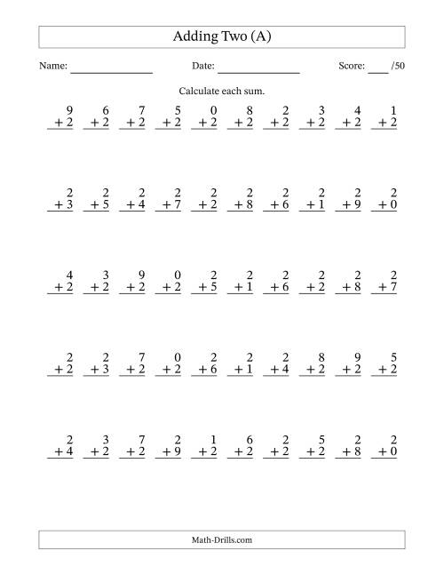 The Single Digit Addition -- 50 Vertical Questions -- Adding Twos (A) Math Worksheet
