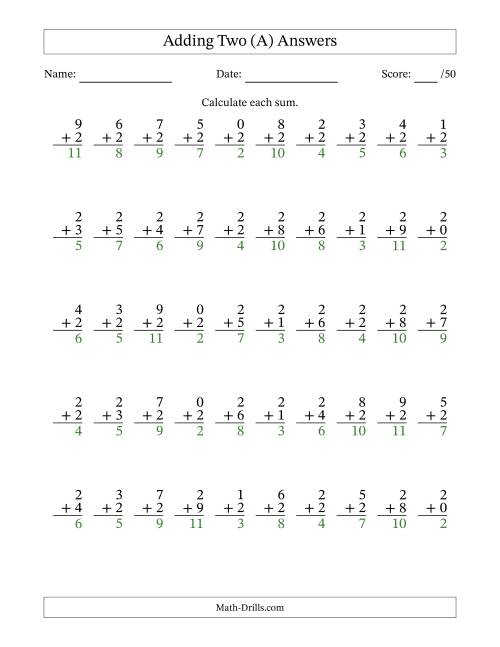The Single Digit Addition -- 50 Vertical Questions -- Adding Twos (A) Math Worksheet Page 2