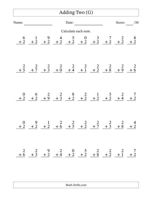 The Single Digit Addition -- 50 Vertical Questions -- Adding Twos (G) Math Worksheet
