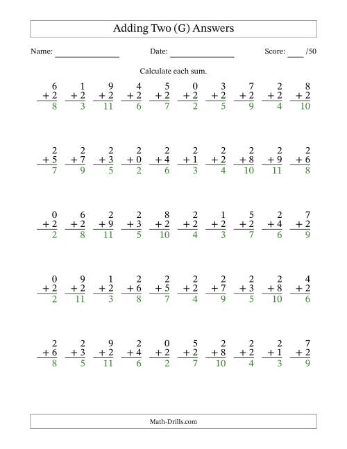 The Single Digit Addition -- 50 Vertical Questions -- Adding Twos (G) Math Worksheet Page 2