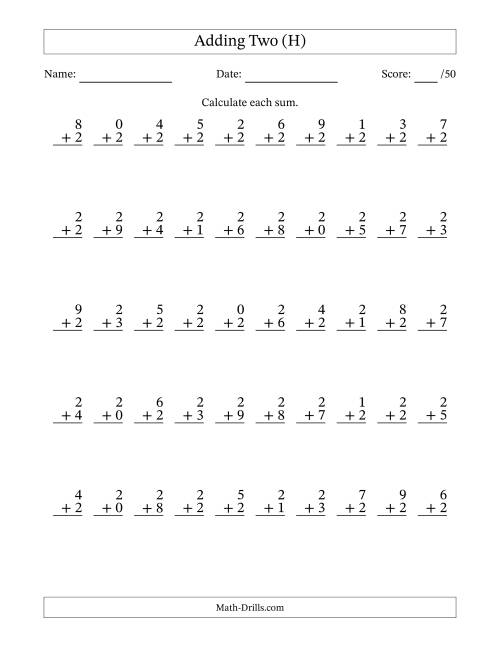 The Single Digit Addition -- 50 Vertical Questions -- Adding Twos (H) Math Worksheet