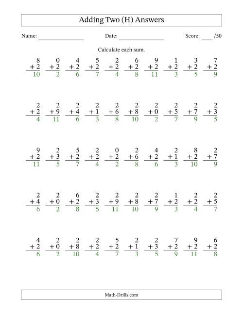 The Single Digit Addition -- 50 Vertical Questions -- Adding Twos (H) Math Worksheet Page 2