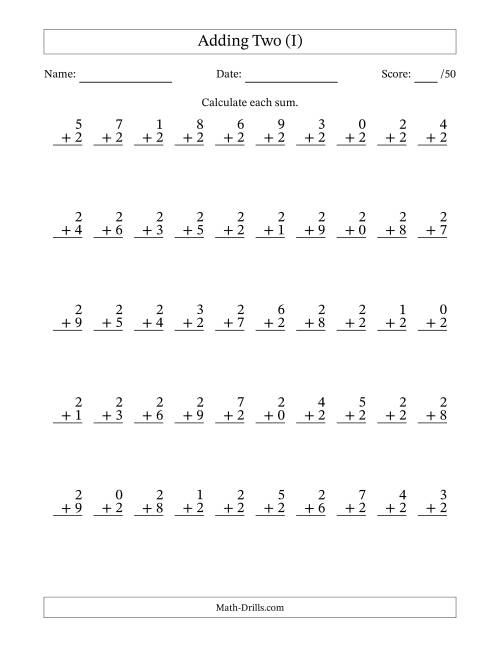 The Single Digit Addition -- 50 Vertical Questions -- Adding Twos (I) Math Worksheet