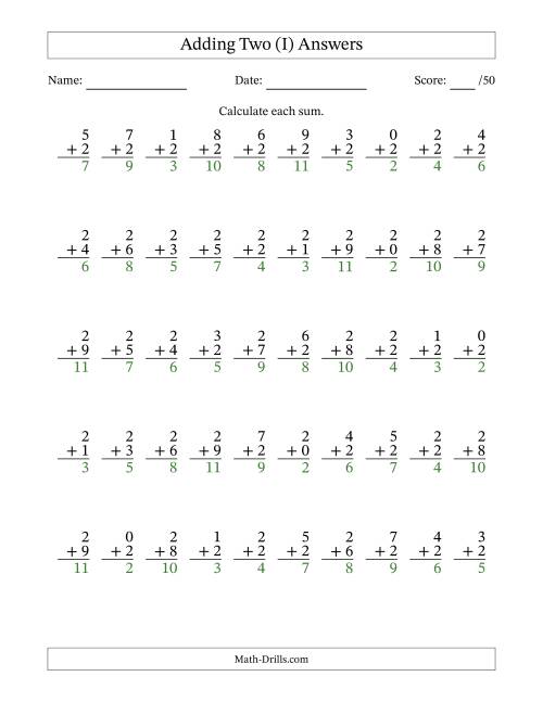 The Single Digit Addition -- 50 Vertical Questions -- Adding Twos (I) Math Worksheet Page 2