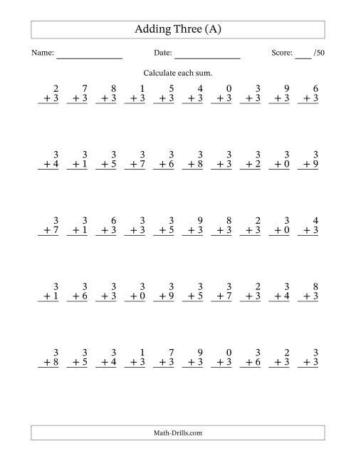 The Single Digit Addition -- 50 Vertical Questions -- Adding Threes (A) Math Worksheet
