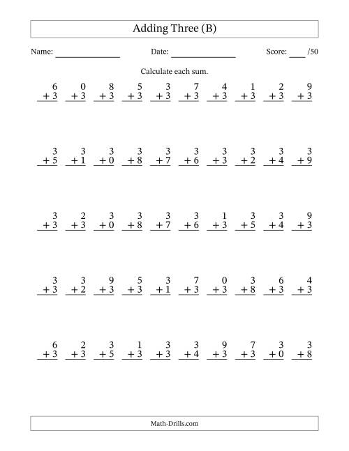 The Single Digit Addition -- 50 Vertical Questions -- Adding Threes (B) Math Worksheet