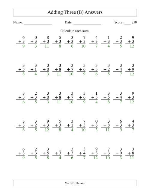 The Single Digit Addition -- 50 Vertical Questions -- Adding Threes (B) Math Worksheet Page 2