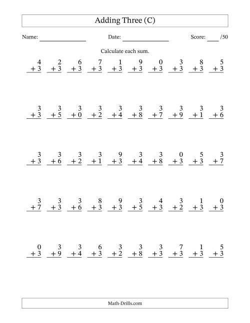 The Single Digit Addition -- 50 Vertical Questions -- Adding Threes (C) Math Worksheet