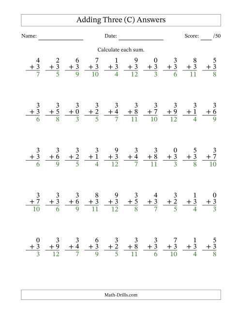The Single Digit Addition -- 50 Vertical Questions -- Adding Threes (C) Math Worksheet Page 2