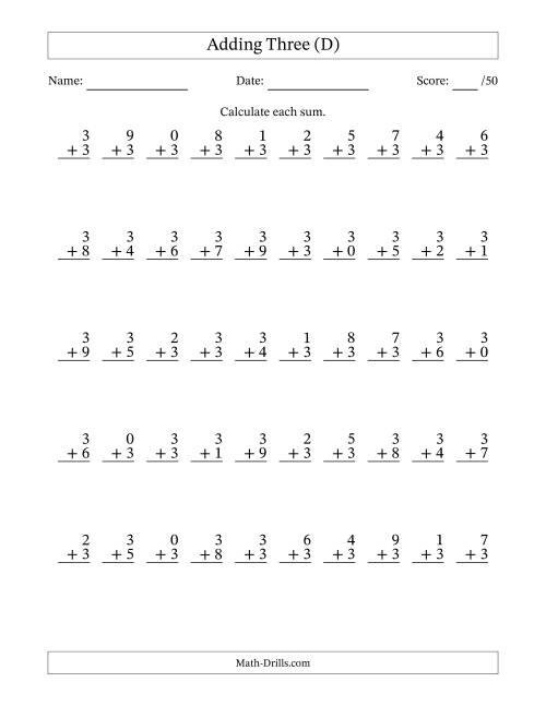 The Adding Three With The Other Addend From 0 to 9 – 50 Questions (D) Math Worksheet
