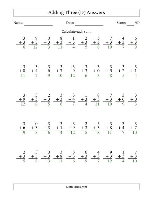 The Single Digit Addition -- 50 Vertical Questions -- Adding Threes (D) Math Worksheet Page 2