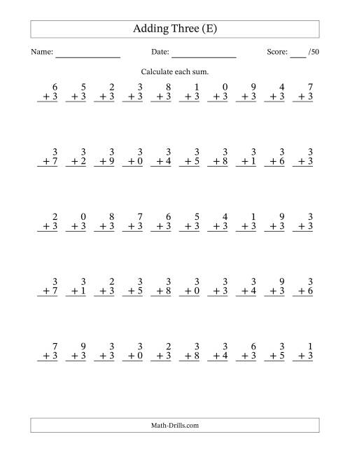 The Single Digit Addition -- 50 Vertical Questions -- Adding Threes (E) Math Worksheet