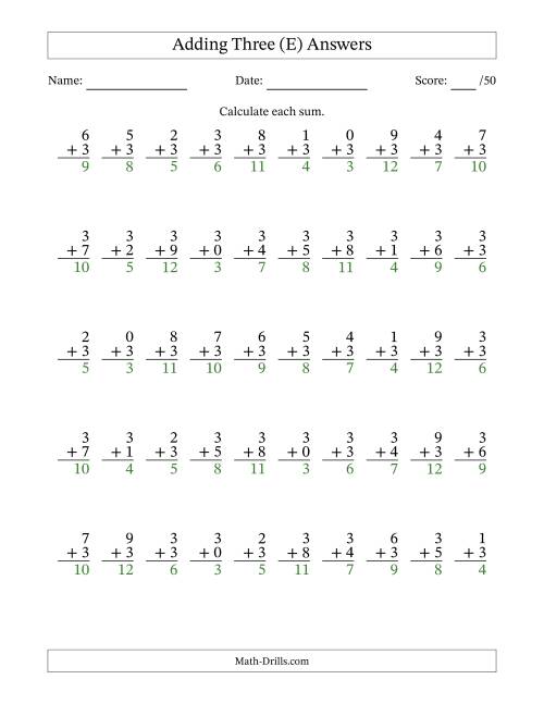 The Single Digit Addition -- 50 Vertical Questions -- Adding Threes (E) Math Worksheet Page 2