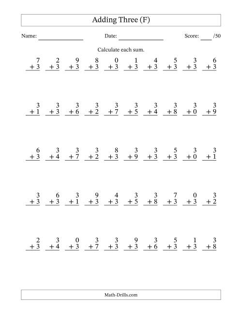 The Single Digit Addition -- 50 Vertical Questions -- Adding Threes (F) Math Worksheet