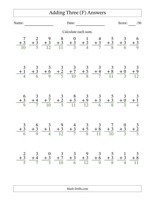 The Single Digit Addition -- 50 Vertical Questions -- Adding Threes (F) Math Worksheet Page 2