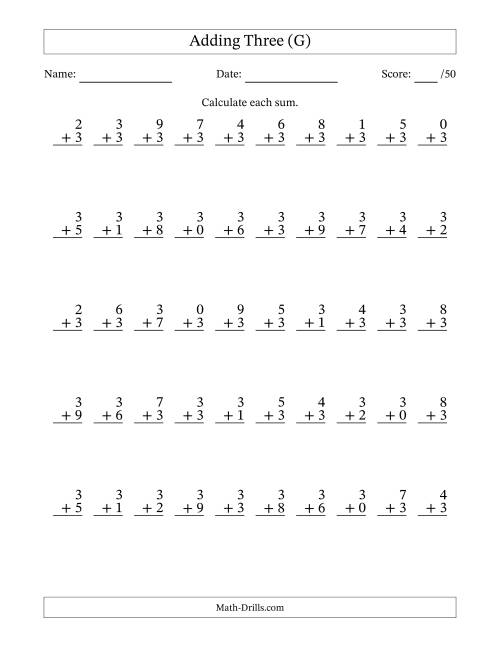 The Single Digit Addition -- 50 Vertical Questions -- Adding Threes (G) Math Worksheet