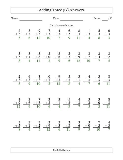 The Single Digit Addition -- 50 Vertical Questions -- Adding Threes (G) Math Worksheet Page 2