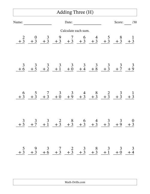 The Single Digit Addition -- 50 Vertical Questions -- Adding Threes (H) Math Worksheet