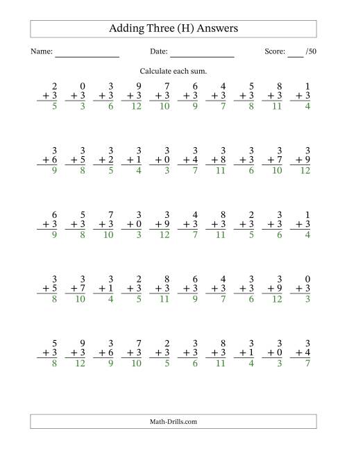 The Single Digit Addition -- 50 Vertical Questions -- Adding Threes (H) Math Worksheet Page 2
