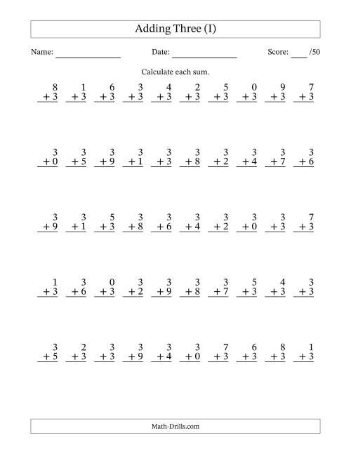 The Single Digit Addition -- 50 Vertical Questions -- Adding Threes (I) Math Worksheet