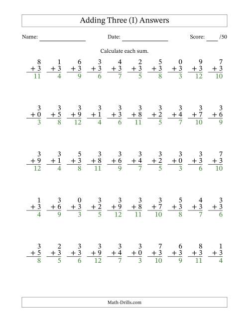 The Single Digit Addition -- 50 Vertical Questions -- Adding Threes (I) Math Worksheet Page 2