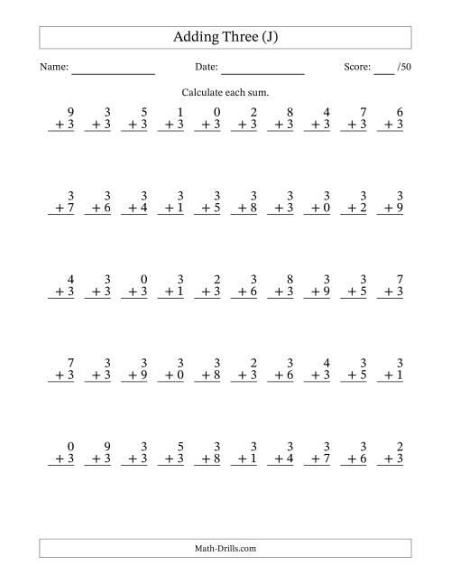 The Single Digit Addition -- 50 Vertical Questions -- Adding Threes (J) Math Worksheet