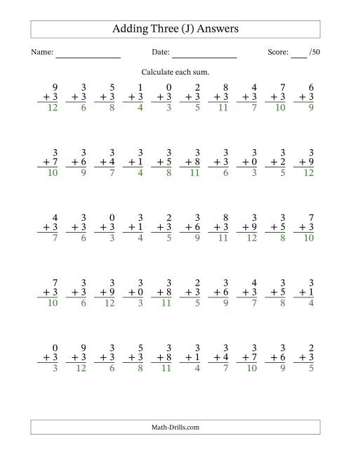 The Single Digit Addition -- 50 Vertical Questions -- Adding Threes (J) Math Worksheet Page 2
