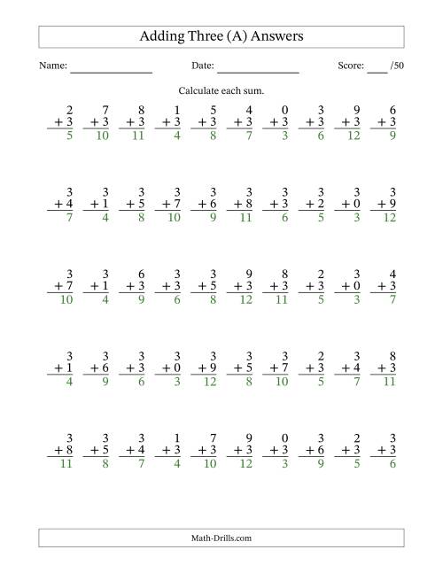 The Single Digit Addition -- 50 Vertical Questions -- Adding Threes (All) Math Worksheet Page 2