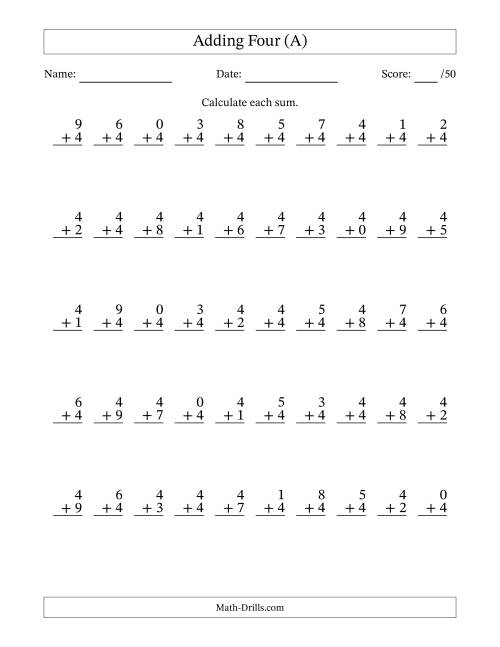 The Single Digit Addition -- 50 Vertical Questions -- Adding Fours (A) Math Worksheet