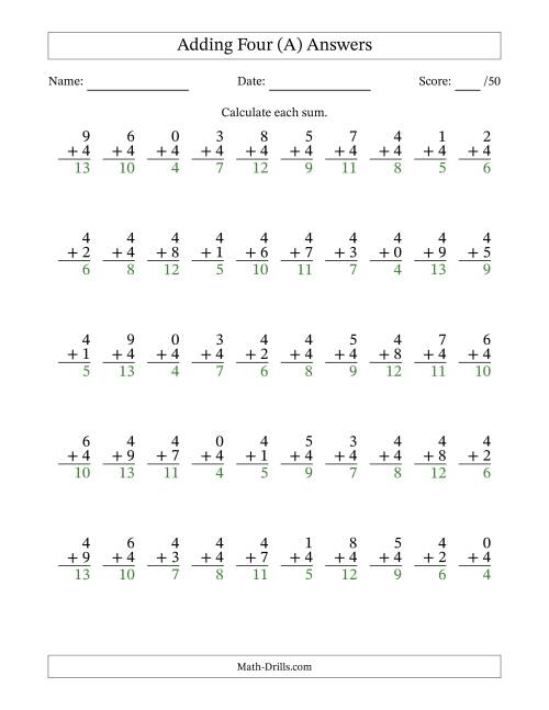 The Single Digit Addition -- 50 Vertical Questions -- Adding Fours (A) Math Worksheet Page 2
