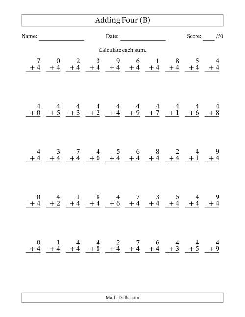 The Adding Four With The Other Addend From 0 to 9 – 50 Questions (B) Math Worksheet