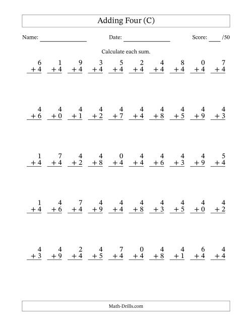 The Adding Four With The Other Addend From 0 to 9 – 50 Questions (C) Math Worksheet