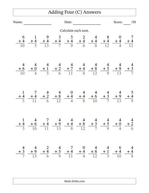 The Adding Four With The Other Addend From 0 to 9 – 50 Questions (C) Math Worksheet Page 2