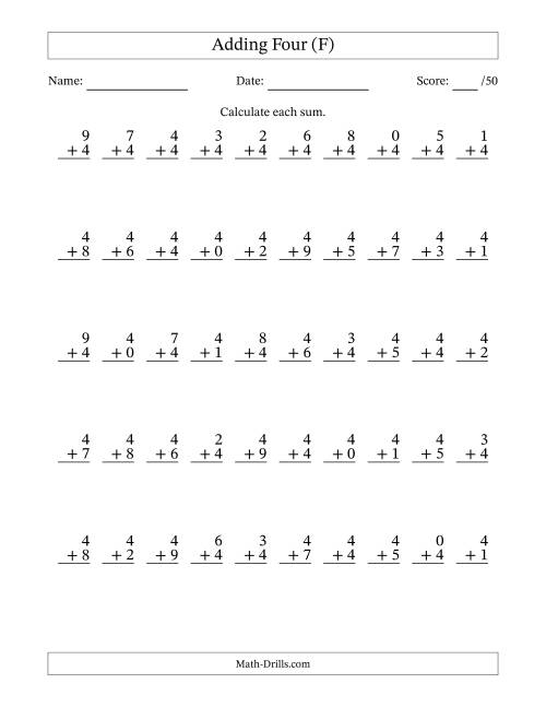 The Adding Four With The Other Addend From 0 to 9 – 50 Questions (F) Math Worksheet