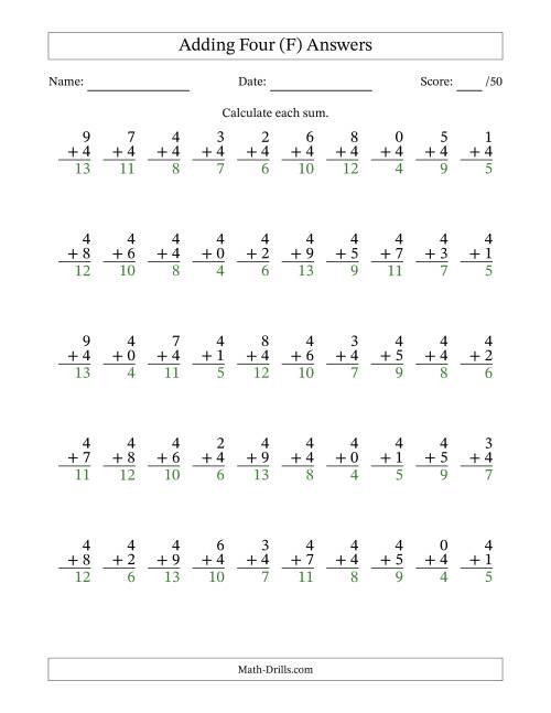 The Adding Four With The Other Addend From 0 to 9 – 50 Questions (F) Math Worksheet Page 2