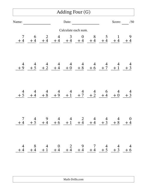 The Adding Four With The Other Addend From 0 to 9 – 50 Questions (G) Math Worksheet