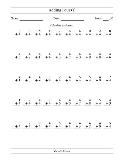 The Adding Four With The Other Addend From 0 to 9 – 50 Questions (I) Math Worksheet
